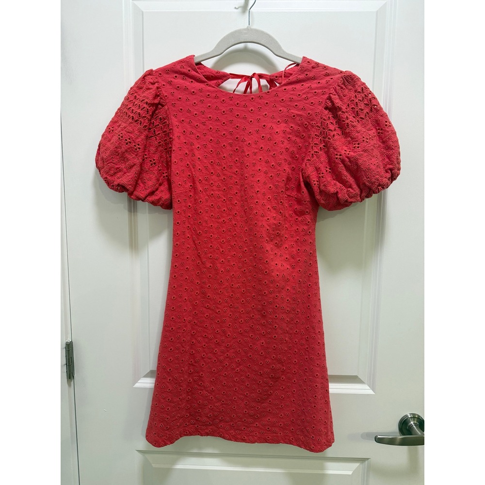 Free People Red Eyelet Mini Dress Open Back Puff Sleeve Size S OB1156686